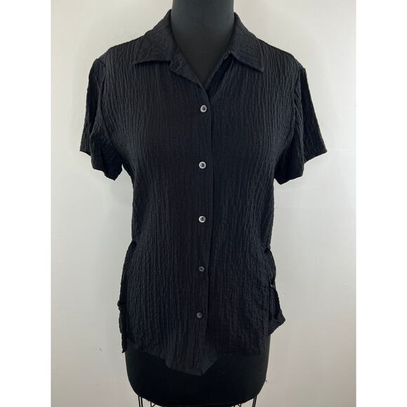 WOOLRICH Crinkle Black Short Sleeve Button-Down Tie Waist Women's Shirt S Small - Picture 2 of 9